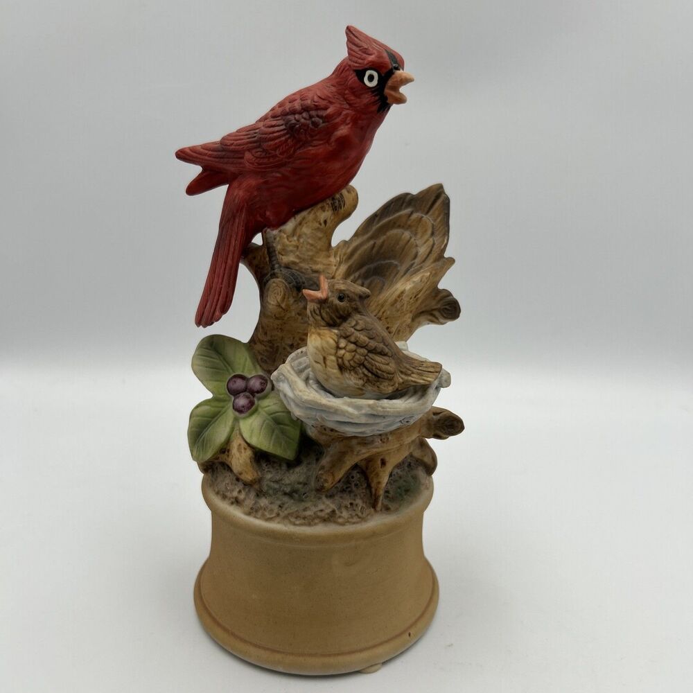 Vintage Shafford Cardinal and Baby Bird Wind-up Music Box 1970s Japan - READ